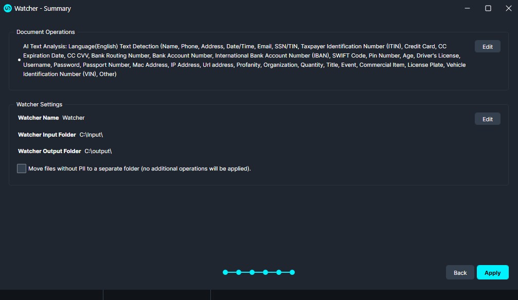 Settings screen for Watcher: Document Operations and Watcher Settings panels with Edit buttons and a Move files if needed option.