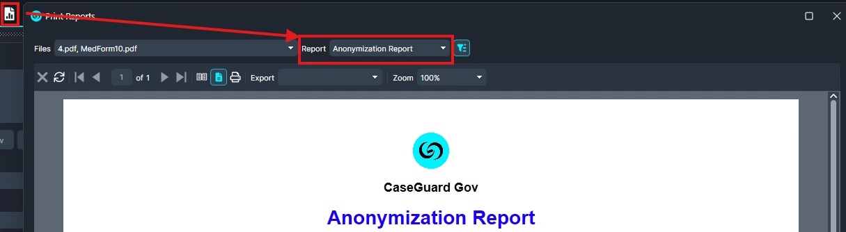 Screenshot of a PDF viewer toolbar showing a 'Report' dropdown with 'Anonymization Report' selected, and the document area below.