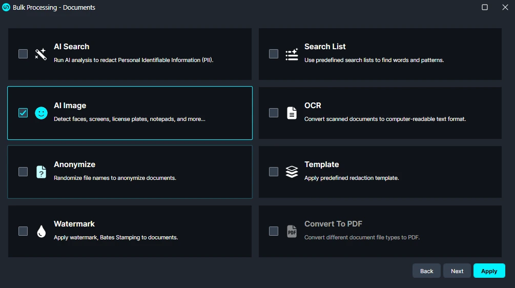 Bulk Processing UI with All Image selected to detect faces, screens, license plates, and notes in documents.