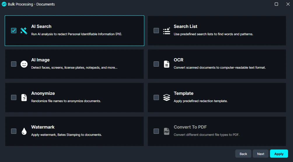 Bulk Processing – Documents UI showing eight processing options in a grid, including AI Search, Search List, AI Image, OCR, Anonymize, Template, Watermark, and Convert To PDF.
