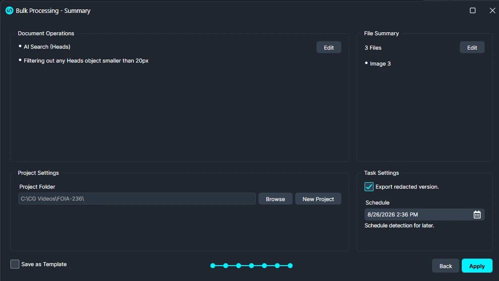 Bulk Processing – Summary dialog showing document operations, file summary, project and task settings, Save as Template option, and Back/Apply buttons.