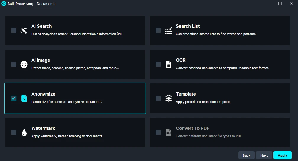 Bulk Processing dashboard for documents with tools like AI Search, Search List, AI Image, OCR, Anonymize (enabled), Template, Watermark, and Convert to PDF
