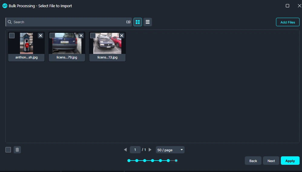 Bulk processing: three image thumbnails shown in the import panel with checkboxes to select/deselect files.
