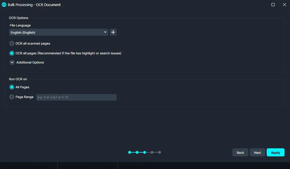 OCR settings dialog from Bulk Processing: language set to English, OCR on all pages selected, with navigation showing Back, Next, and Apply (Apply highlighted). A multi-step progress indicator with blue steps is visible at the bottom.