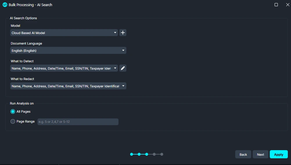 UI screenshot of Bulk Processing AI Search options: model, language, what to detect and redact, on All Pages with navigation buttons.