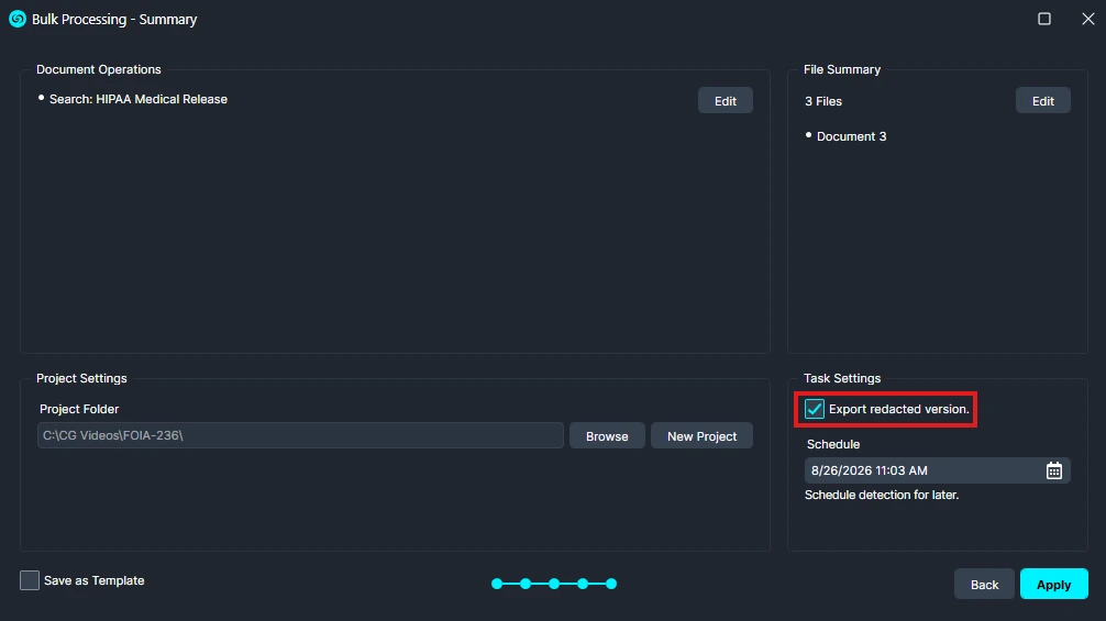 Bulk Processing - Summary UI showing document operations, file summary, project settings, and task settings with 'Export redacted version' enabled.