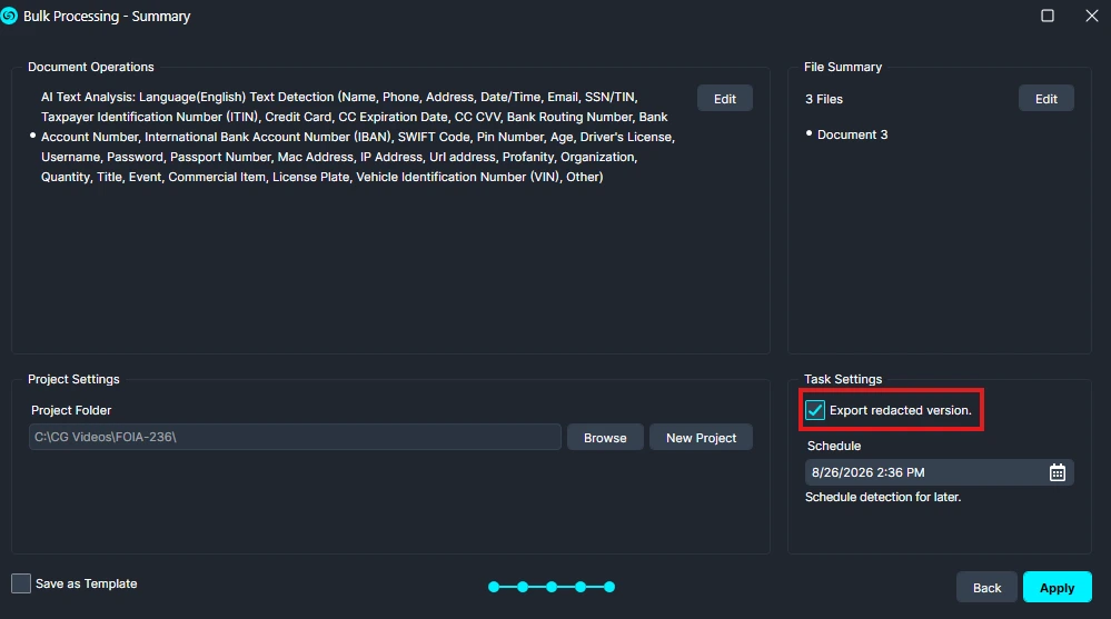 Bulk Processing - Summary screen showing document operations, file summary, project settings, and a highlighted checked option 'Export redacted version' in Task Settings.