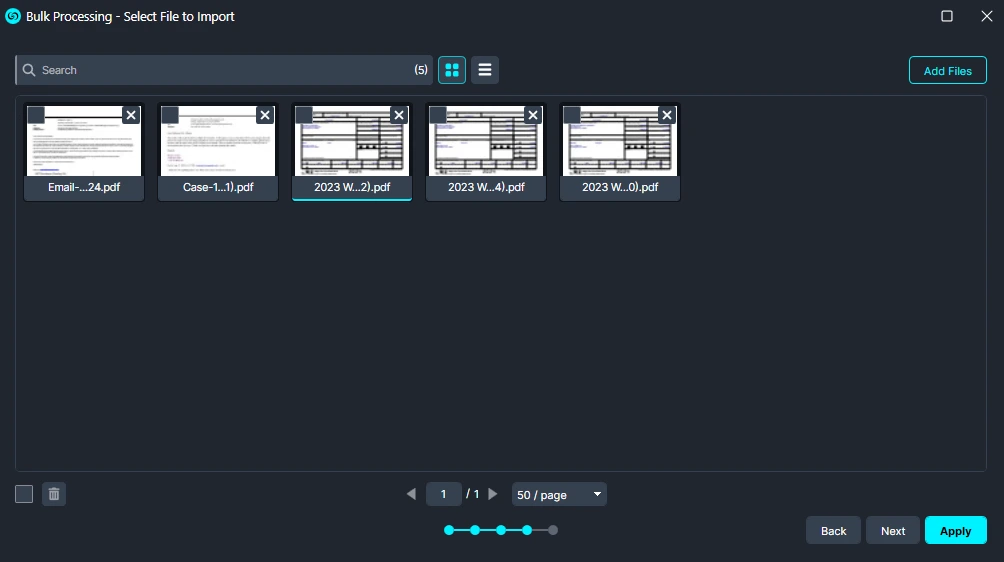 Bulk Processing import dialog displaying five PDF thumbnails ready to add to import queue and an Add Files button nearby.