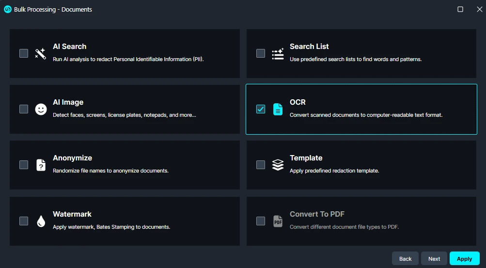 Bulk Processing dashboard showing selectable document tools; OCR tile is active with a blue outline and check mark.