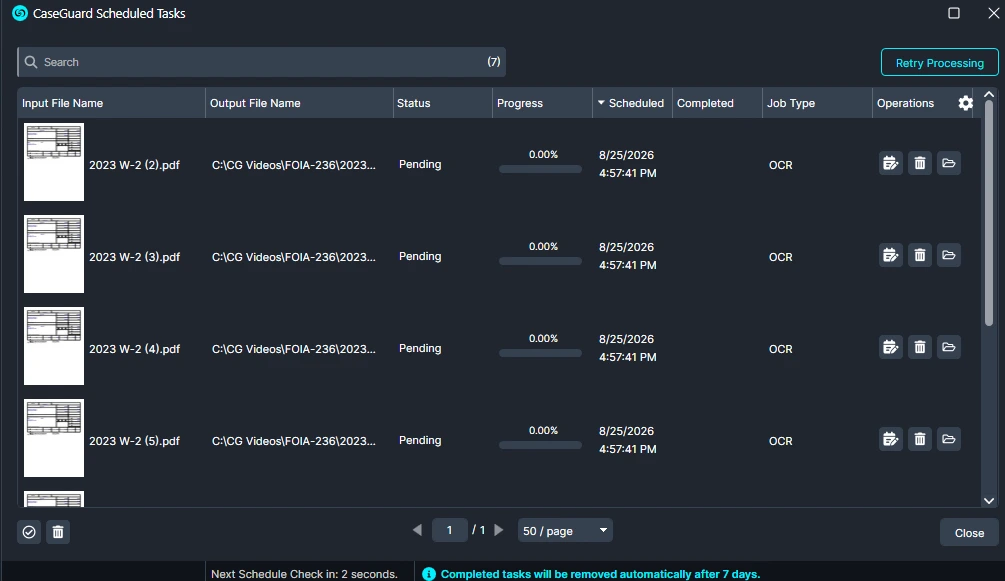 Screenshot of CaseGuard Scheduled Tasks showing OCR jobs for multiple W-2 PDFs, with status Pending and progress bars under 8/25/2026 4:57 PM.