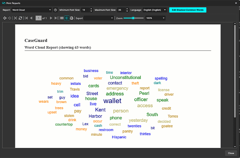 Word cloud and translation log | CaseGuard Word cloud and translation log