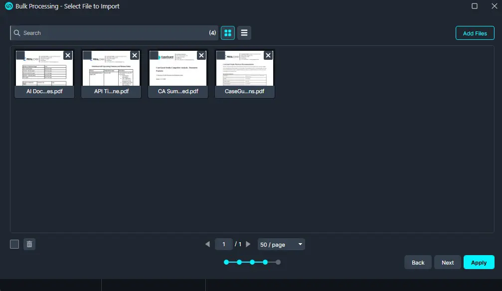 bulk-import | CaseGuard Bulk Processing window showing four PDF files ready to import, with an Add Files button on the right and a dark UI theme.