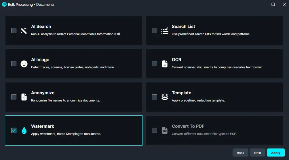 bulk-watermark | CaseGuard Bulk Processing - Documents UI showing multiple processing options; Watermark is selected (Apply watermark, Bates Stamping to documents).