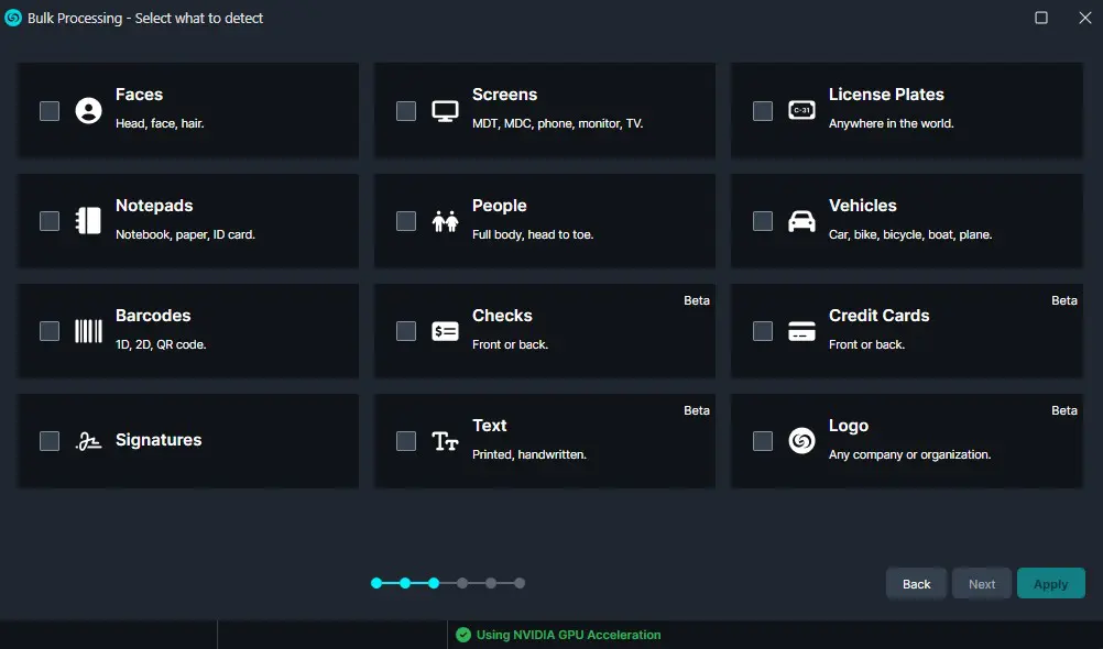 Bulk Processing: grid of detectible categories (Faces, Screens, License Plates, Notepads, People, Vehicles, Barcodes, Checks, Credit Cards, Signatures, Text, Logo) with icons and brief descriptions; navigation controls (Back, Next, Apply) shown below.
