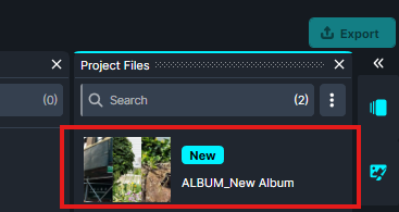 Highlighted project file entry in Project Files with a small thumbnail, a blue 'New' badge, and the name ALBUM_New Album.