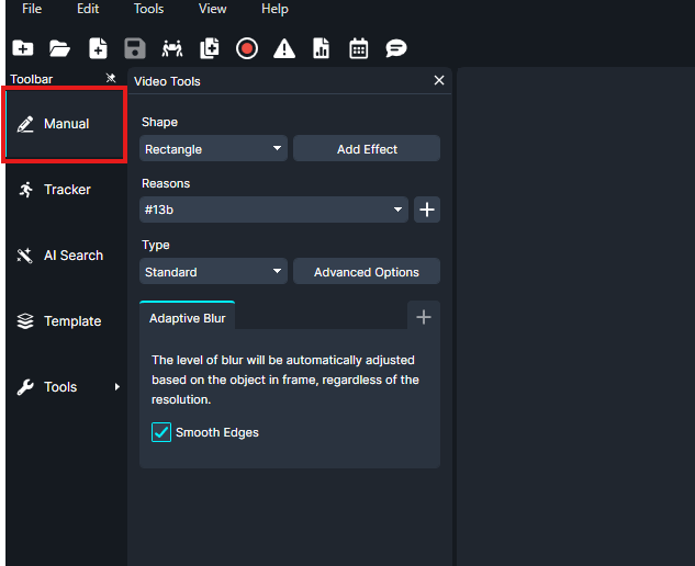 Dark UI with Manual mode highlighted on the left; Video Tools panel on the right shows Shape: Rectangle, Reason: #13b, Type: Standard, and Adaptive Blur with Smooth Edges checked.