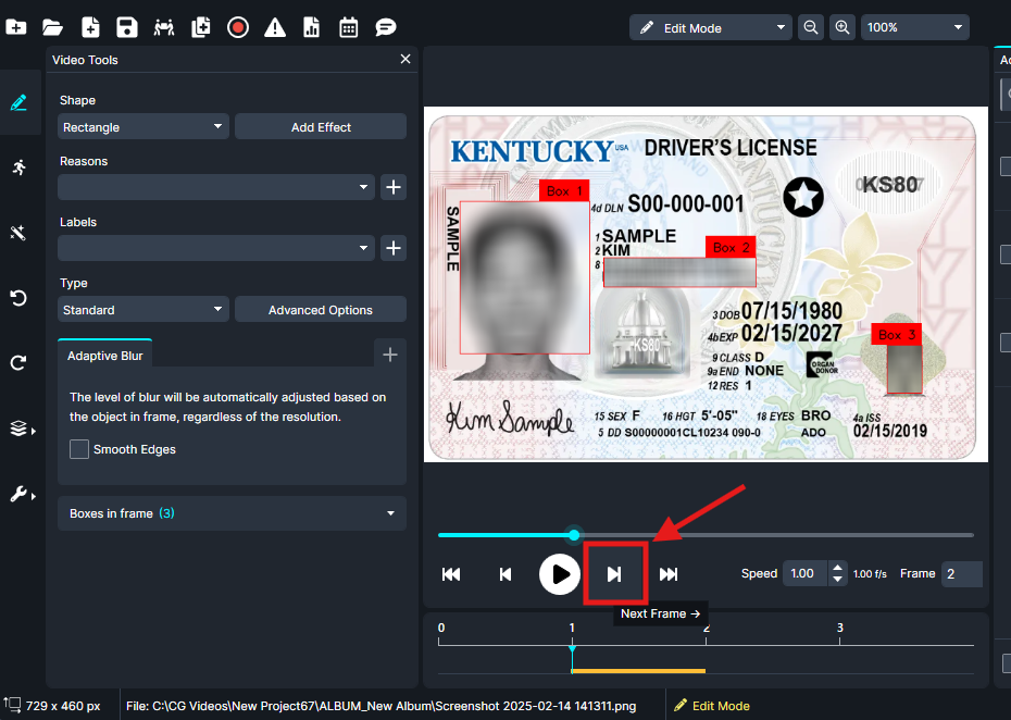 Video editing UI showing a Kentucky driver's license image with red bounding boxes around the face and other regions, playback controls, and a timeline.