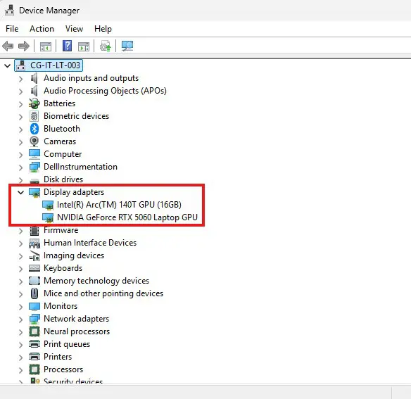 Device-Manager | CaseGuard Device Manager showing two display adapters: Intel(R) Arc(TM) 140T GPU (16GB) and NVIDIA GeForce RTX 5060 Laptop GPU, with the list highlighted.