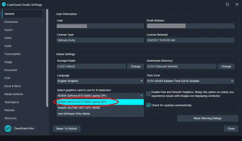 Graphics-card | CaseGuard CaseGuard Studio Settings window with left navigation; Global Settings area showing Storage Folder, Downloads Directory, Language, Time Zone, and a dropdown menu for 'Select graphics card to use for AI detection' with 'NVIDIA GeForce RTX 5060 Laptop GPU' highlighted.