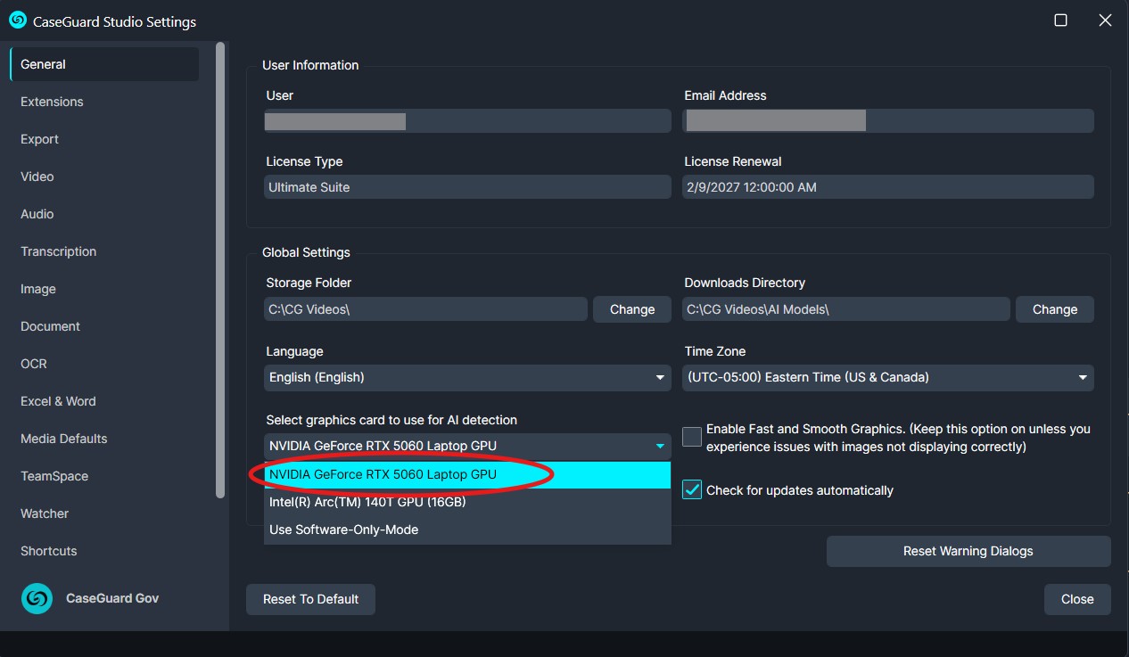 CaseGuard Studio Settings window showing General menu and a GPU dropdown with NVIDIA GeForce RTX 5060 Laptop GPU selected/highlighted circled.