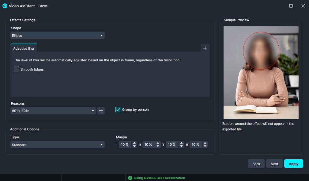 UI for a face-blurring tool showing an ellipse shape and adaptive blur; sample preview circles a person’s face in red.