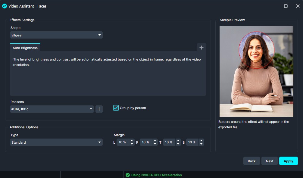 Auto-Bright | CaseGuard Screenshot of Video Assistant - Faces interface with a woman's face outlined by an ellipse for face detection in the sample preview.