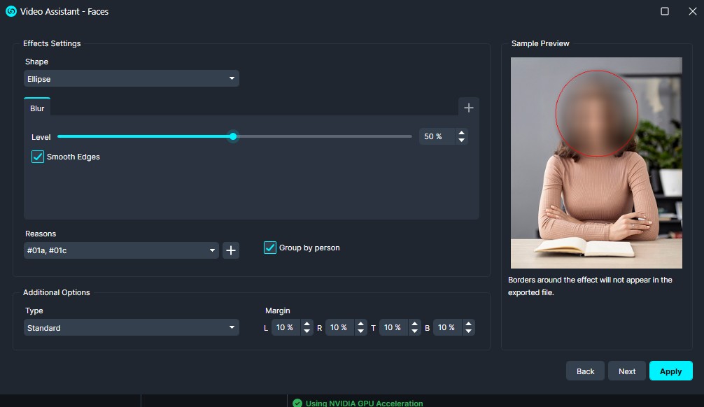 Blur | CaseGuard Face blur settings panel showing ellipse shape, 50% level, smooth edges, and group-by-person option with a sample preview of a blurred face.