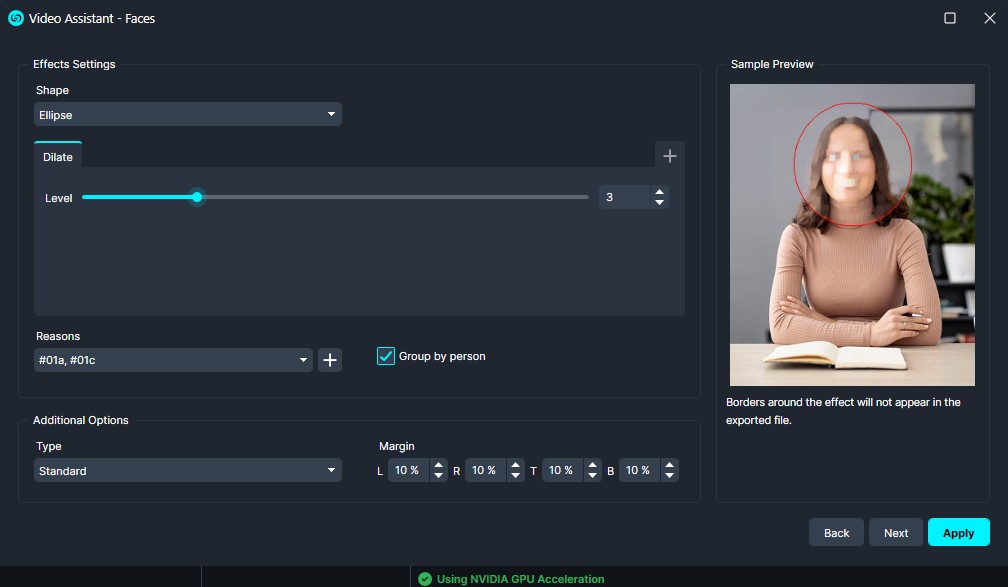 Dilate | CaseGuard UI for Video Assistant - Faces: ellipse highlight with dilation level 3 around a person's face; sample preview shows a woman with a red circular outline around her face.