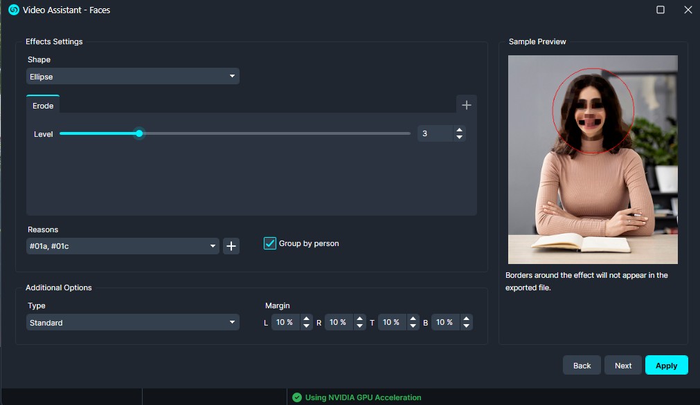Erode | CaseGuard UI panel for video face anonymization: shape ellipse with erosion level, reasons, and margin options; sample preview shows a woman’s face circled.