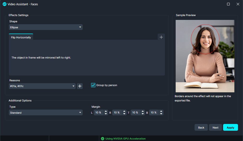 Flip | CaseGuard UI screenshot of a video app's face effect settings panel, showing Shape: Ellipse with Flip Horizontally option and a sample preview circled face on the right
