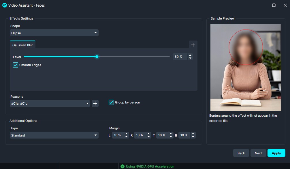 Gaussian | CaseGuard Video Editor: face blur settings with ellipse shape, 50% Gaussian blur and smooth edges; sample preview shows a circular blur around a person's face in the right pane.