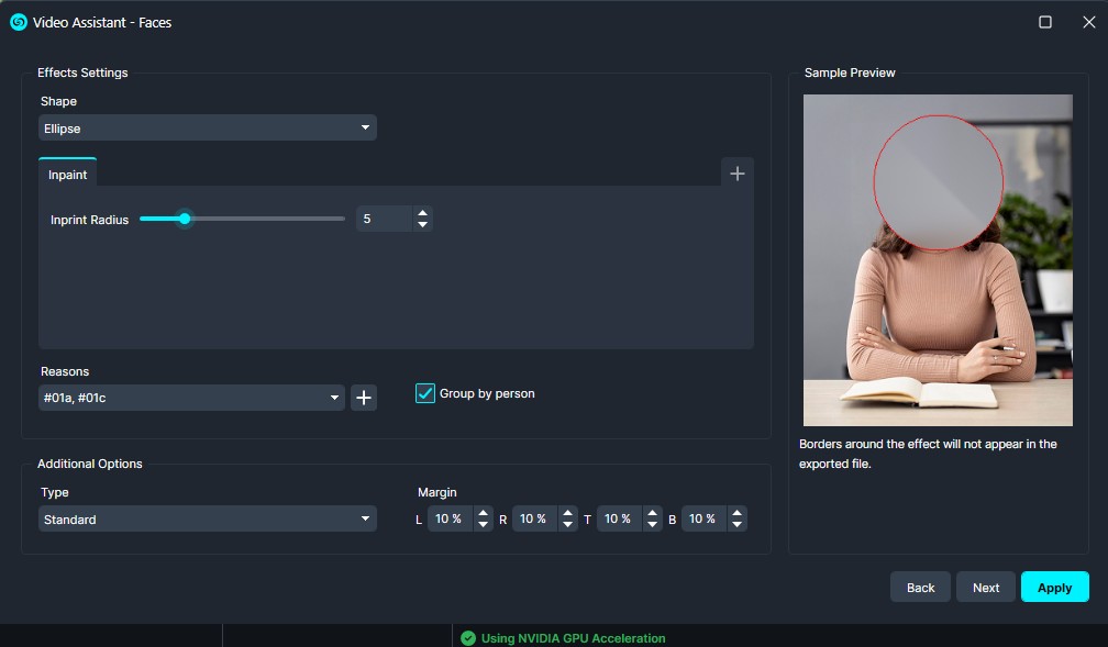 Inpaint | CaseGuard Screenshot of Video Assistant - Faces: ellipse mask selected for inpainting, radius 5, sample preview shows a circled face.