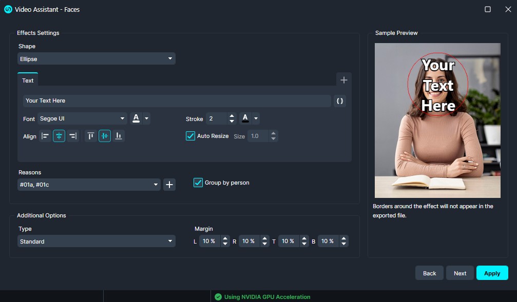 Text | CaseGuard Video editing UI for facial effects: an Ellipse shape option with a sample text field 'Your Text Here' over a photo preview, plus font, stroke, alignment, and margin controls.