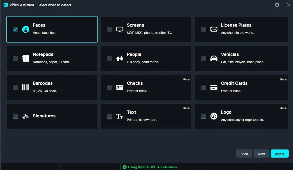 Video Assistant interface to select detection categories: Faces, Screens, License Plates, Notepads, People, Vehicles, Barcodes, Checks, Credit Cards, Signatures, Text, Logo.