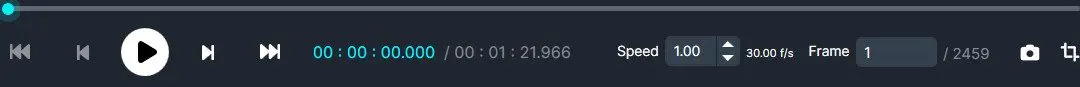 Dark media player with a white Play button, skip controls, blue progress bar, time 00:00:00.000 / 00:01:21.966, and speed 1.00x.
