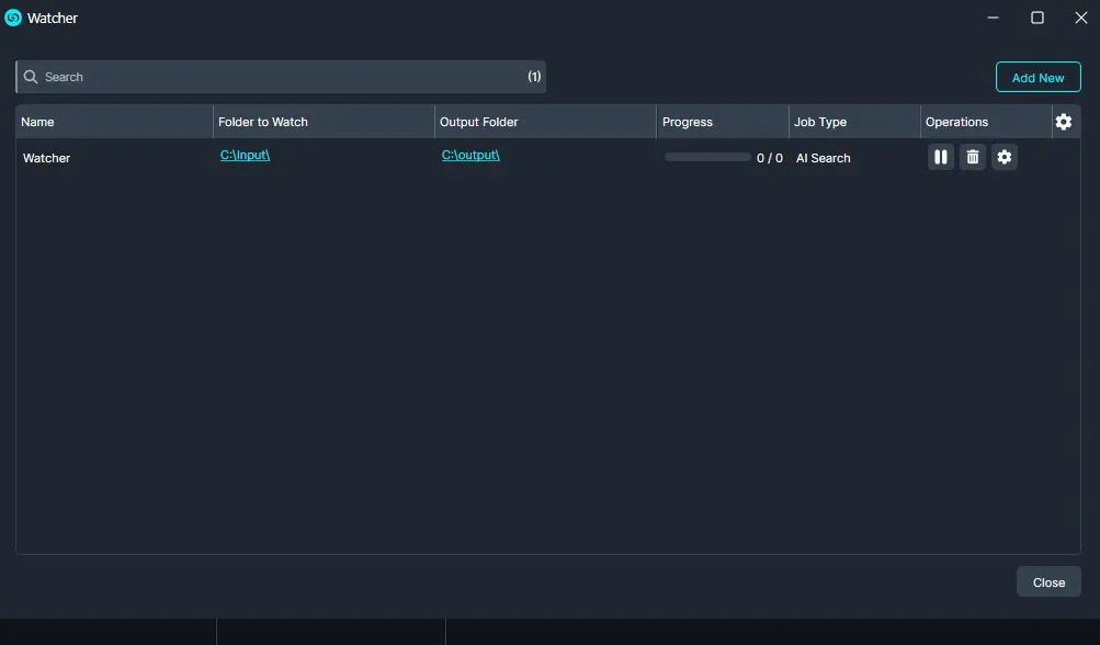 AI-Search-watcher-window | CaseGuard Dark Watcher app window with one job named 'Watcher'; shows input C:Input, output C:Output, a 0/0 progress bar, and AI Search as the job type.