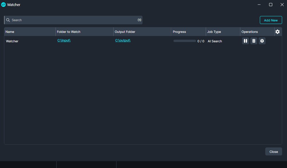 Watcher app window showing one job: Name 'Watcher', folders C:Input and C:Output, progress bar, AI Search job type, and action icons at right; Close button bottom-right.