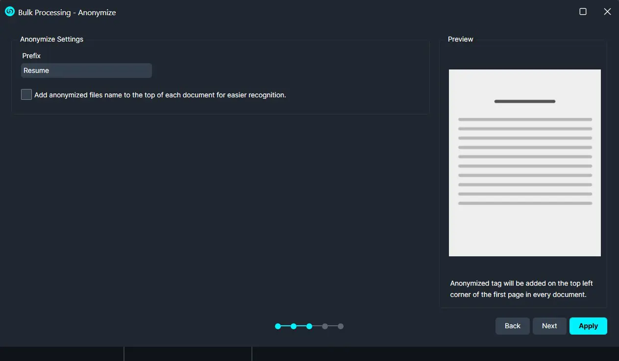 Bulk Processing Anonymize settings with prefix 'Resume' and a preview panel showing a sample document
