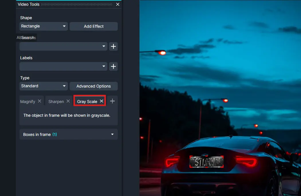 Screenshot of video tools panel with Gray Scale selected; background shows a blue dusk photo of a sports car on the road.
