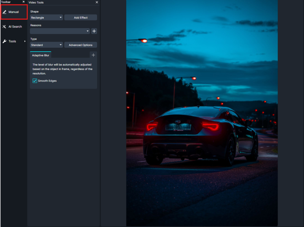 Screenshot of photo editor showing Manual tool active and a blue-toned car photo on the right side.