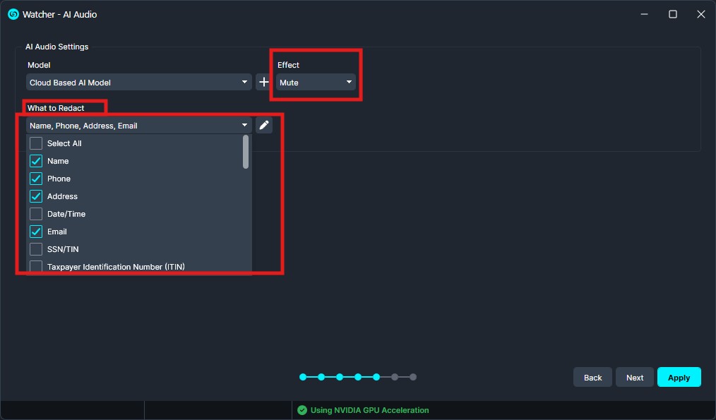 Watcher-Audio | CaseGuard Settings screen of Watcher AI Audio: Cloud-Based AI Model chosen, Effect set to Mute, and a multi-select list under 'What to Redirect' with Name, Phone, Address, Email checked.