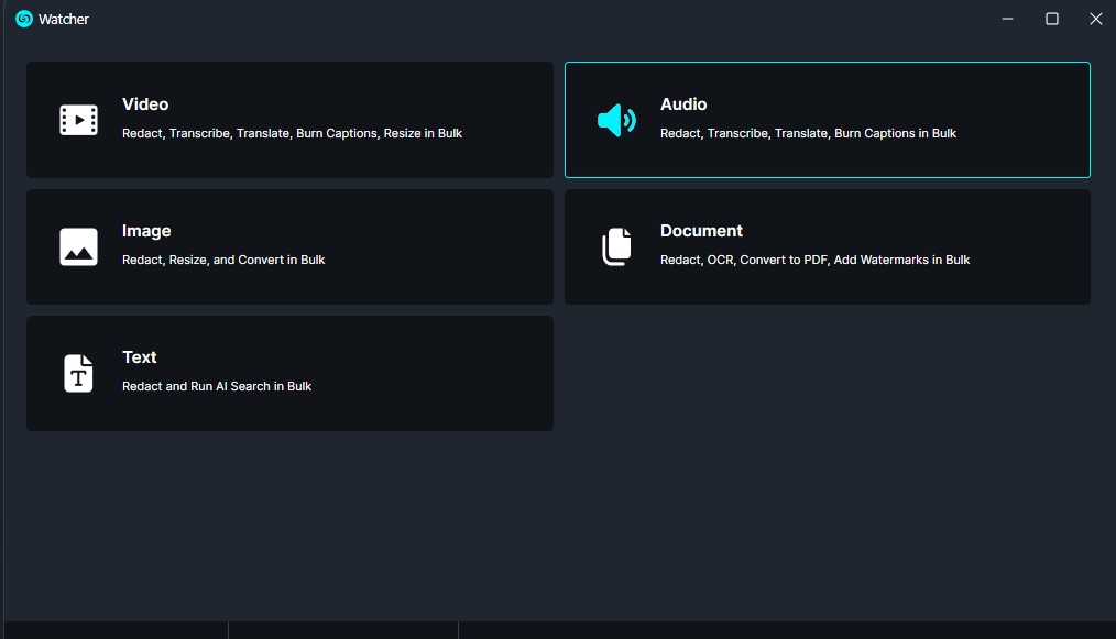 Watcher-Audio | CaseGuard Dark-themed media tool UI with five option tiles: Video, Audio (highlighted), Image, Document, Text, labeled at top 'Watcher' edge.