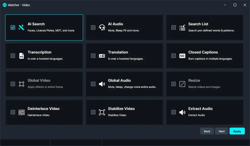 Watcher-Video-Ai-Search | CaseGuard Grid of video editing tools; AI Search tile is selected in the top-left corner with a blue outline and checkmark.