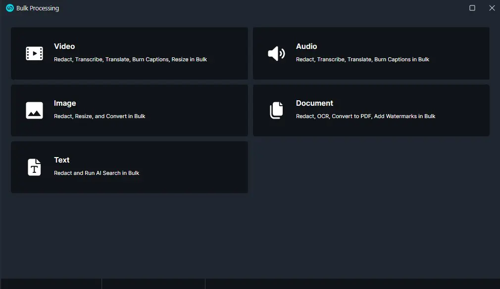 ai-search-window | CaseGuard Dashboard with tiles for Video, Audio, Image, Document, and Text bulk processing options