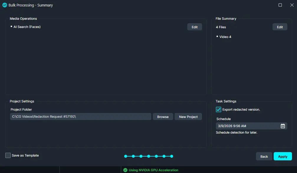 Bulk Processing – Summary screen showing media operations, file summary, project settings, and task options in a dark UI.