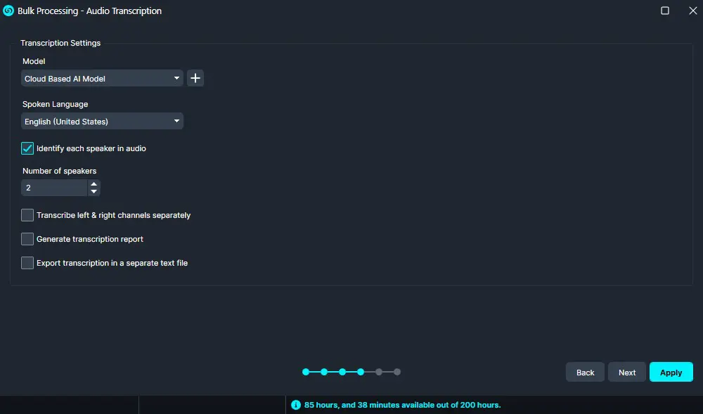 transcription-settings | CaseGuard Transcription settings dialog: Cloud Based AI Model, English (US); identify each speaker enabled, 2 speakers; other options unchecked; Apply button highlighted.