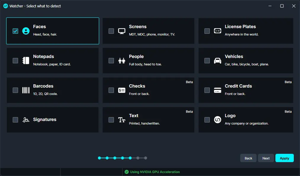watcher-faces | CaseGuard Watcher app window showing detection categories; Faces is selected with a checkmark.