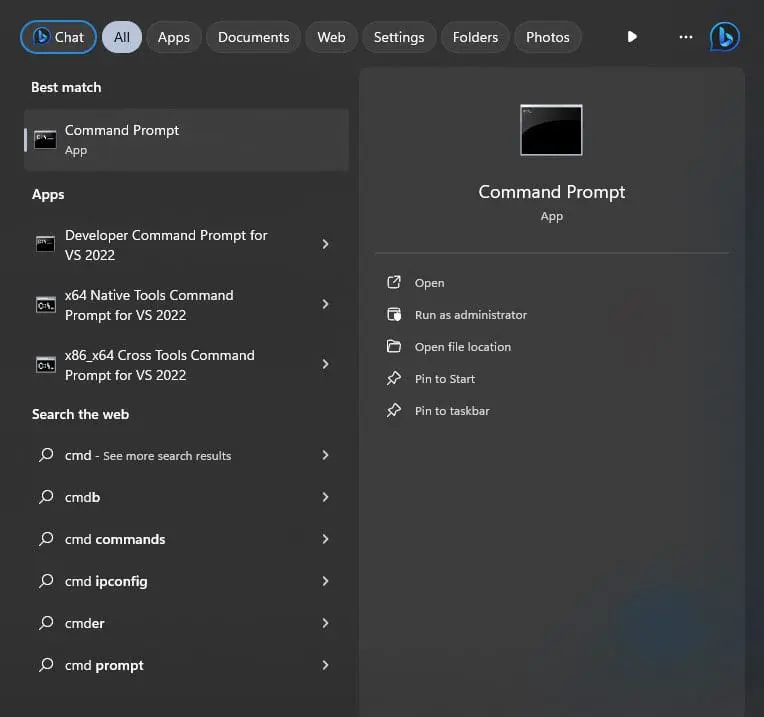 Start menu showing Command Prompt app with actions: Open, Run as administrator, Open file location, Pin to Start, Pin to taskbar.