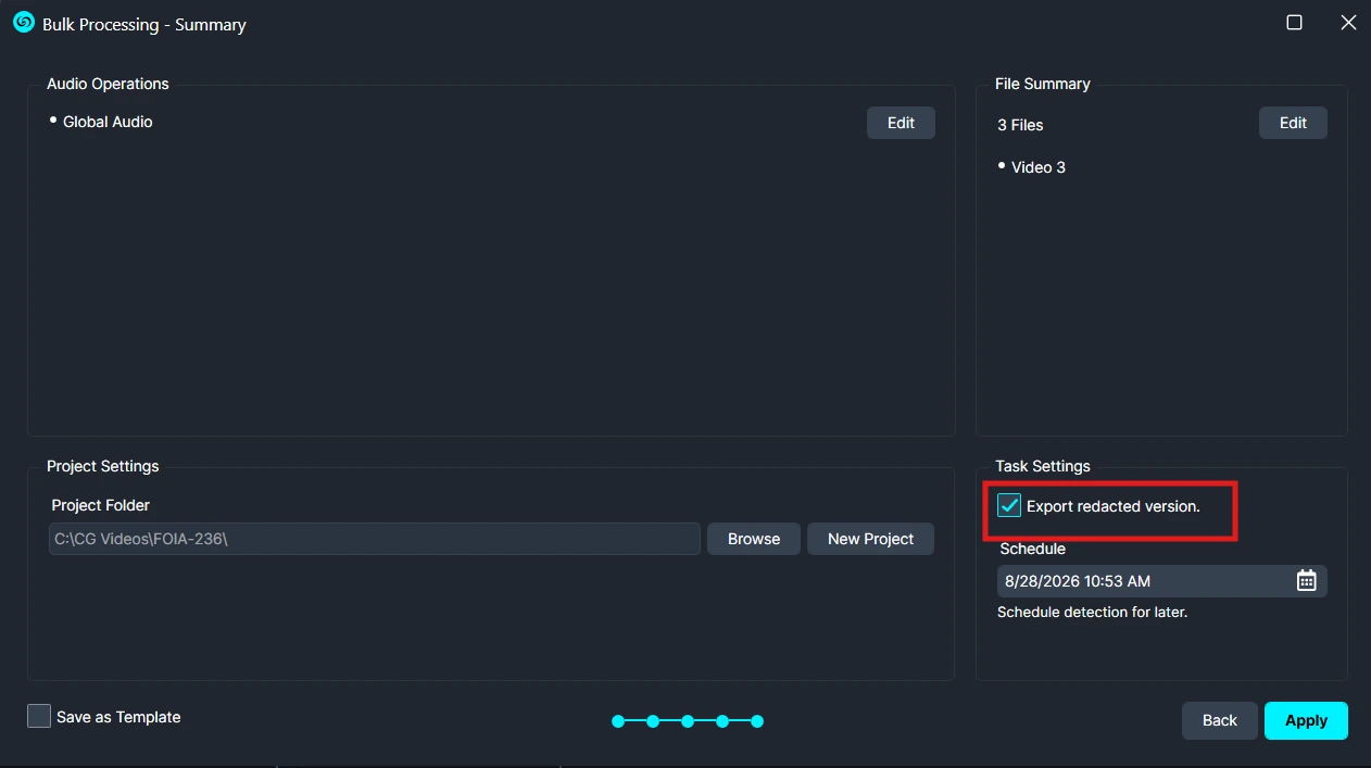 Global-Audio-Summary | CaseGuard Task Settings panel showing a checked 'Export redacted version' option (right column).