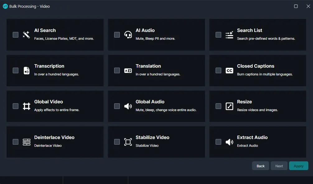 Global-video | CaseGuard Bulk Processing video tool: grid of processing options like AI Search, Transcription, Translation, Closed Captions, Resize, and Extract Audio.